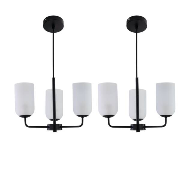 Set of 2 Victoria - Black 3 Arm Ceiling Pendants Frost Glass Shades Black White 2