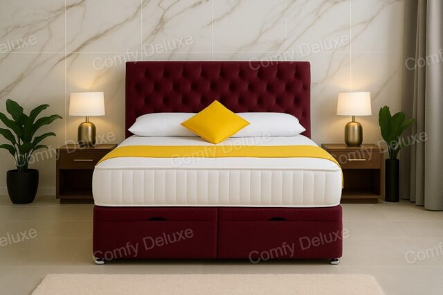 Maroon Chesterfield Matching Buttons Plush Velvet End Lift Ottoman Divan Bed Set 4ft6 Double with Headboard & Mattress
