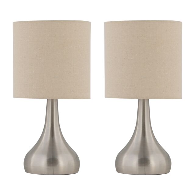 Set of 2 Romana - Brushed Chrome Touch Table Lamp with Linen Shades Chrome Satin nickel plate and natural linen 2