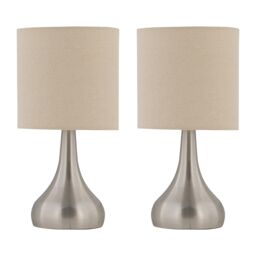 Set of 2 Romana - Brushed Chrome Touch Table Lamp with Linen Shades Chrome Satin nickel plate and natural linen 2