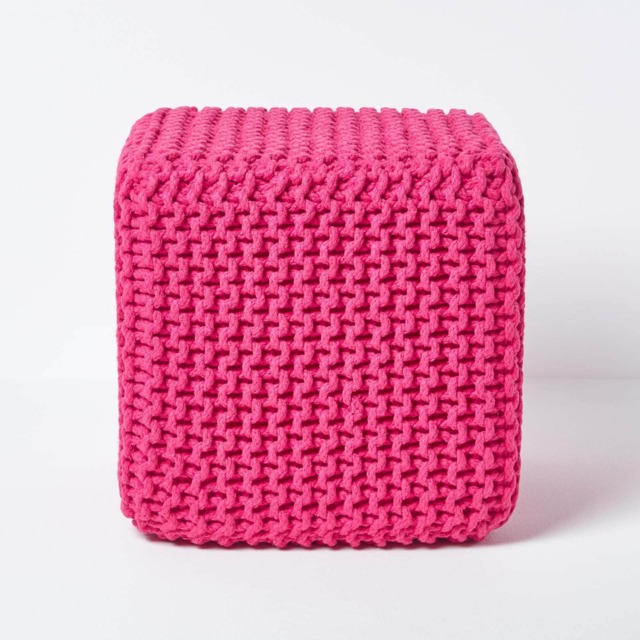Homescapes Hot Pink Cube Cotton Knitted Pouffe Footstool