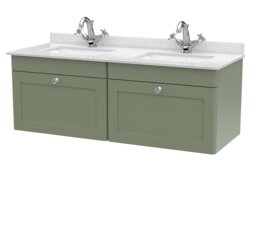 Balterley Swynnerton Traditional 2 Drawer Wall Hung Vanity Unit with Double Marble Basin, Satin Green, 1200mm