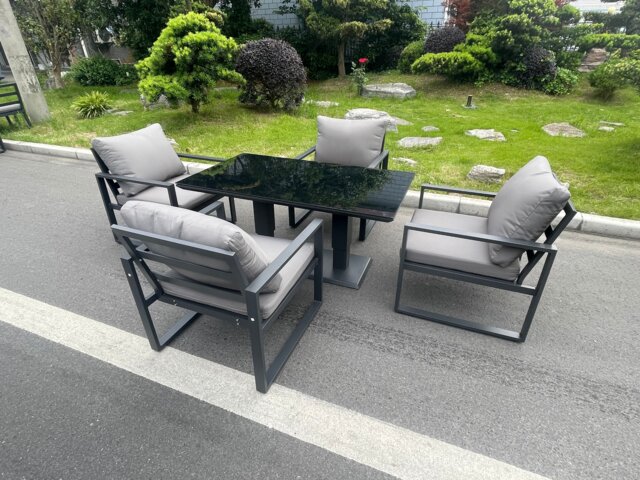 Fimous Aluminum Garden Furniture Dining Set Adjustable Rising Lifting Table And Chairs Patio Outdoor 4 Seat Plus Black Tempered Glass Dark Grey