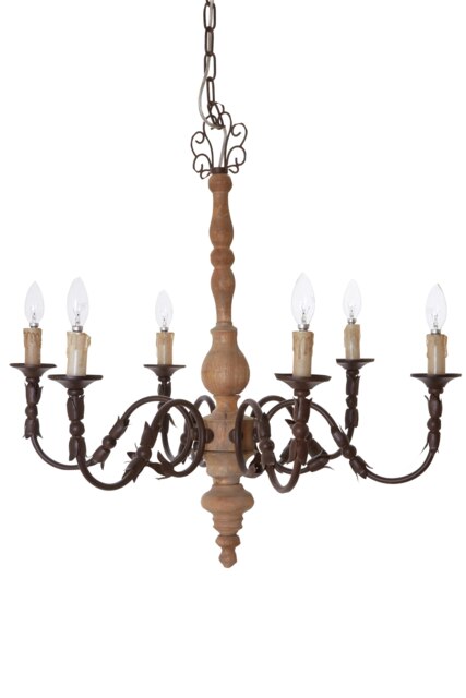Orsina Antique 6 Arm Chandelier, Wooden Body Decorative Ceiling Light, Distressed Metal Candle Chandelier