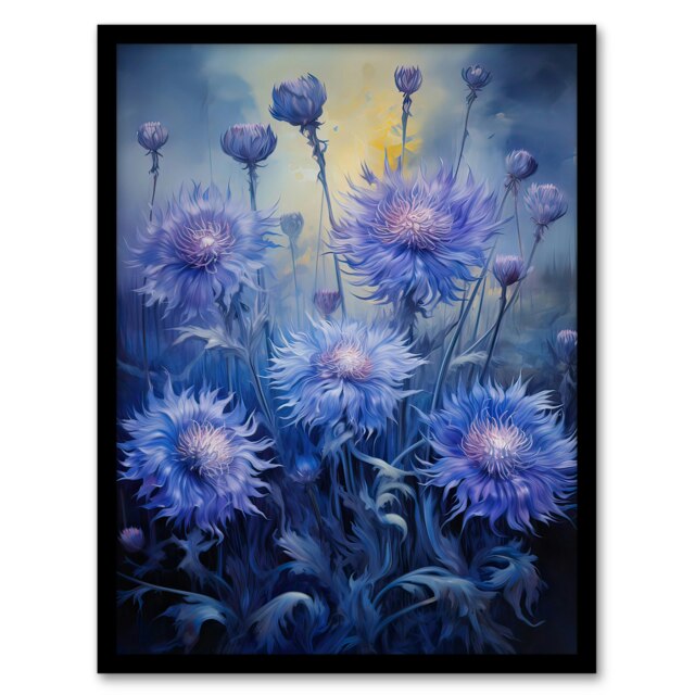 Ethereal Cornflower Meadow Purple Home Decor Black Framed Wall Art Print A4