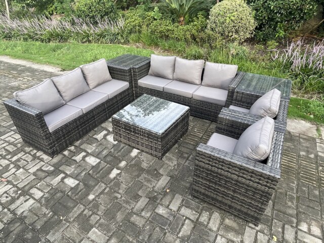 Fimous 8 Seater Rattan Garden Furniture Sofa Set with 2 Armchairs Square Coffee Table 2 Side Tables Indoor Side Table Outdoor Rattan Set Dark Grey Mixed