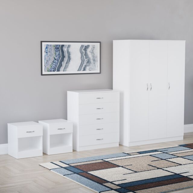 Vida Designs Riano 4 Piece Bedroom Set (1 Drawer Bedside Chest, 5 Drawer Chest, 3 Door Wardrobe), White (6)