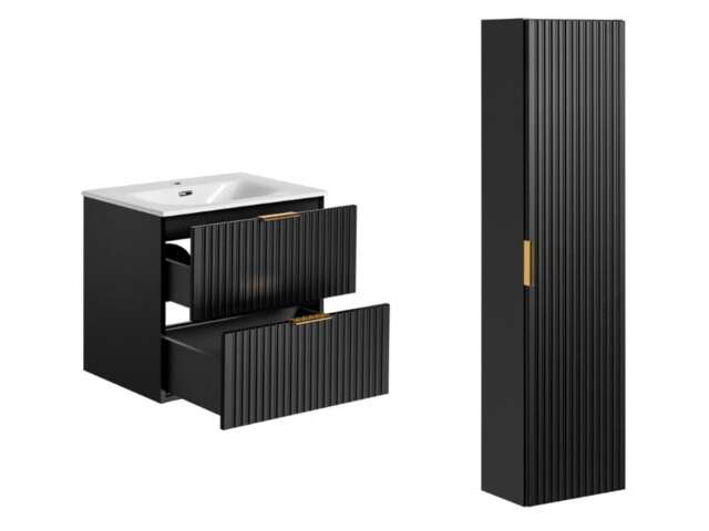 Bathroom Furniture Set 600mm Vanity & Tallboy Ribbed Black Wall Floating Cabinets with Sink - Adel