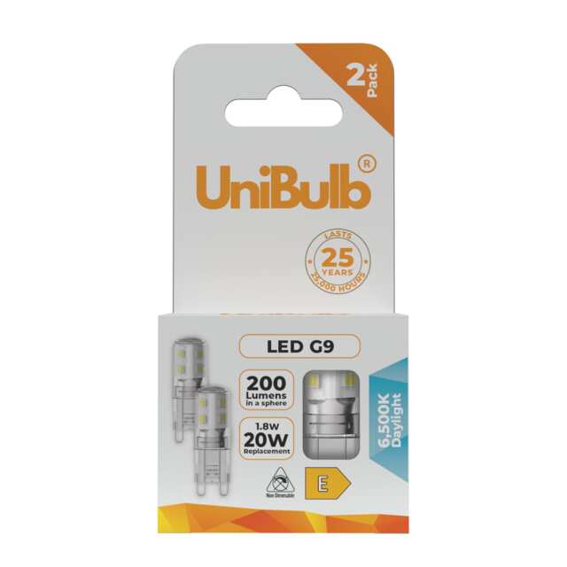 UniBulb LED G9 200lm 1.8W (Replaces 20W) 6500K (Daylight) Capsule Light Bulb - Pack of 2 Clear Daylight 2