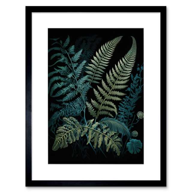 "Ernst Haeckel Style Leaf Fern Fronds 9x7"" Black Framed Wall Art Print"