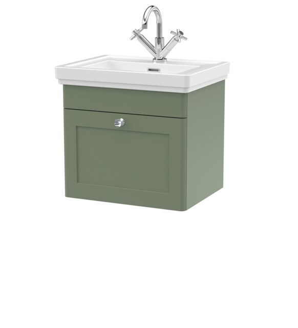Balterley Classic Traditional Bathroom Wall Hung 1-Drawer Vanity Unit & Fireclay Basin Green Satin Green