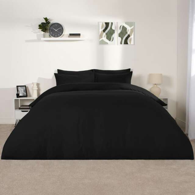 OHS Microfibre Plain Soft Duvet Cover and Pillowcase Set, King - Black
