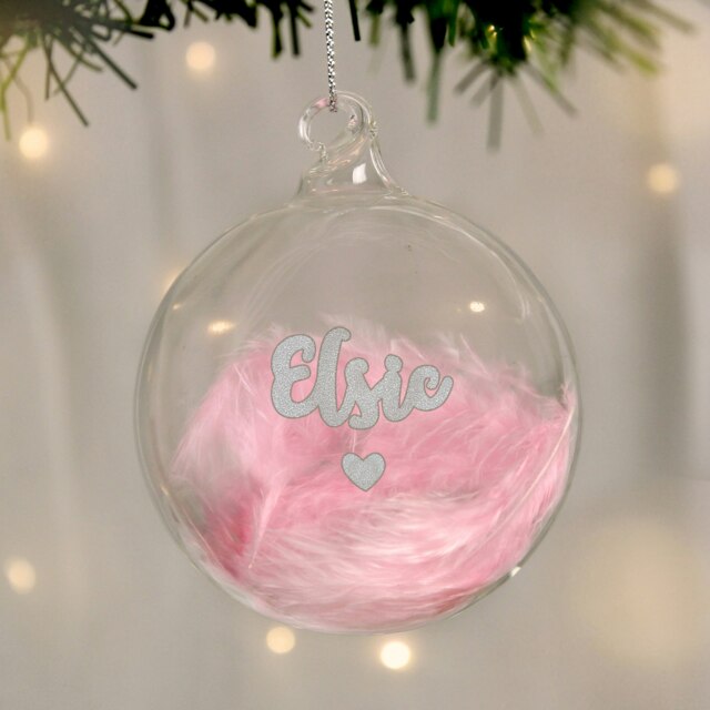 Personalised Pink Feather Silver Heart Glass Bauble