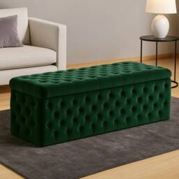 90cm Wide Lux Ottoman Storage Box, Forest Green Velvet Upholstered Chesterfield Storage Ottoman Box