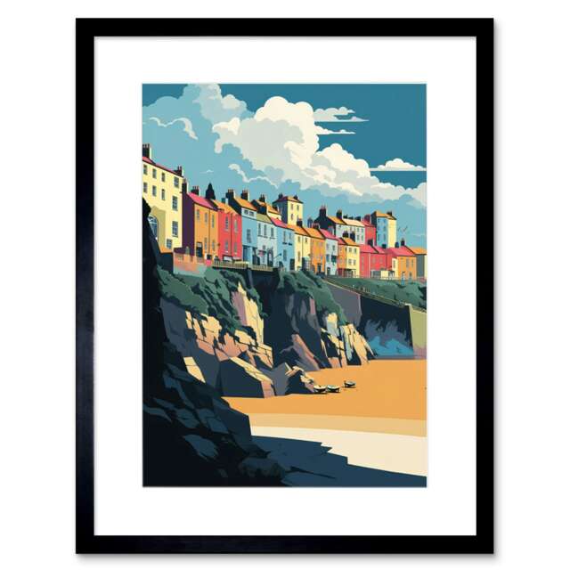 "Tenby Harbour Beach Coastal Town 9x7"" Black Framed Wall Art Print"