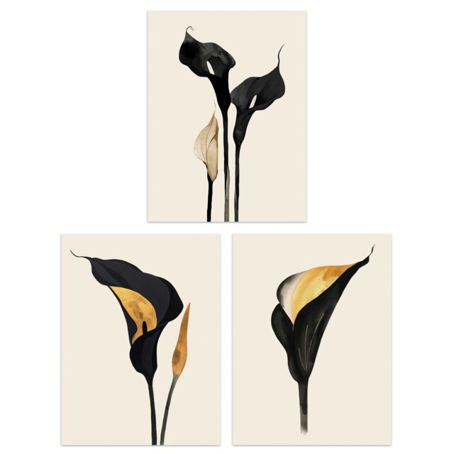 Set of 3 Abstract Black Gold Calla Lily Flowers Living Room 12X16 Inch Wall Art Prints Pack