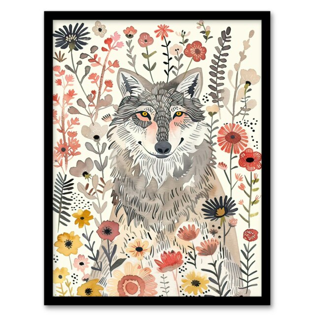 Smiling Wolf Wildflower Meadow Floral Watercolour Black Framed Wall Art Print A4