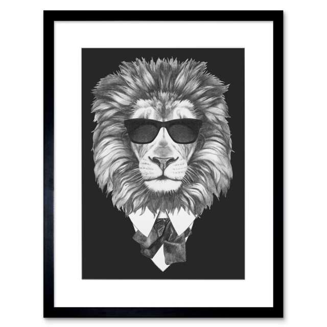 "Cool Lion Sunglasses Bow Tie Pencil Drawing 9x7"" Black Framed Wall Art Print"