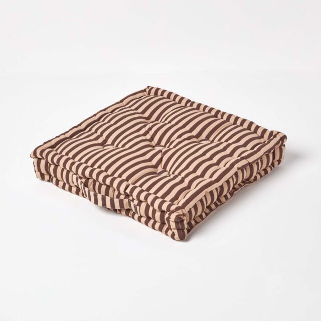 Homescapes Cotton Brown and Beige Thin Stripe Floor Cushion - 50 x 50 cm Cream Beige 50 x 50 cm