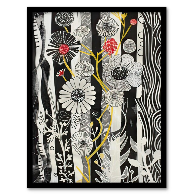 White Stripes Abstract Wildflower Garden Black Framed Wall Art Print A4