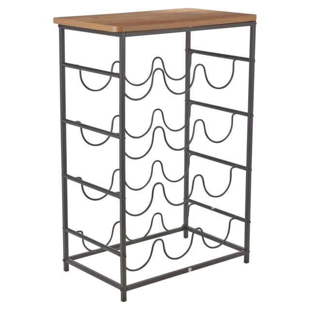 12 Bottle Wine Rack Shelf Freestanding Metal Frame Wooden Top Display Stand Brown Brown
