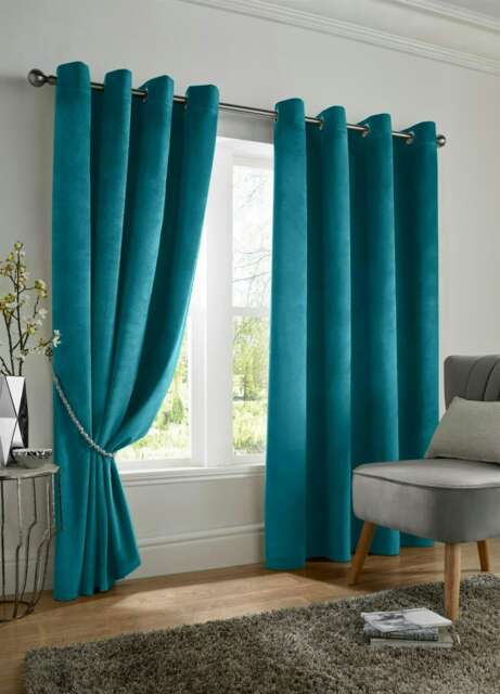 Velvet Look Eyelet Ring Top Blackout Curtains - 229cm x 229cm - Teal
