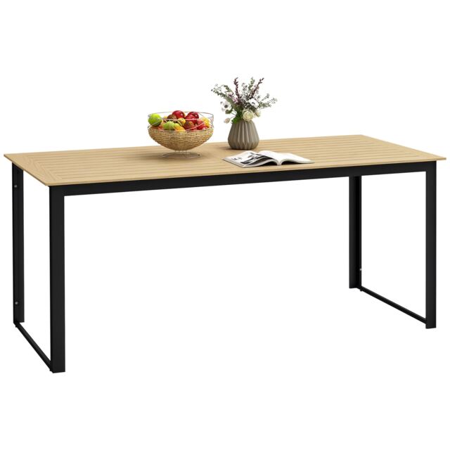 Outsunny Garden Table for 6 People, 175 x 78 x 75 cm Rectangle Outdoor Dining Table with Slatted Top, Metal Frame, for Balcony, Deck, Teak Multi