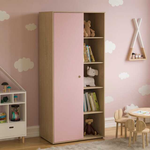 Junior Vida Neptune 1 Door Wardrobe 5 Shelves & Clothes Rail, Pink & Oak