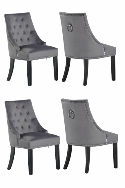 Set of 4 Dark Grey Windsor Velvet Dining Chair Ergonomic Scoop Knockerback & Button Tufted Wood Legs Grey Dark Grey