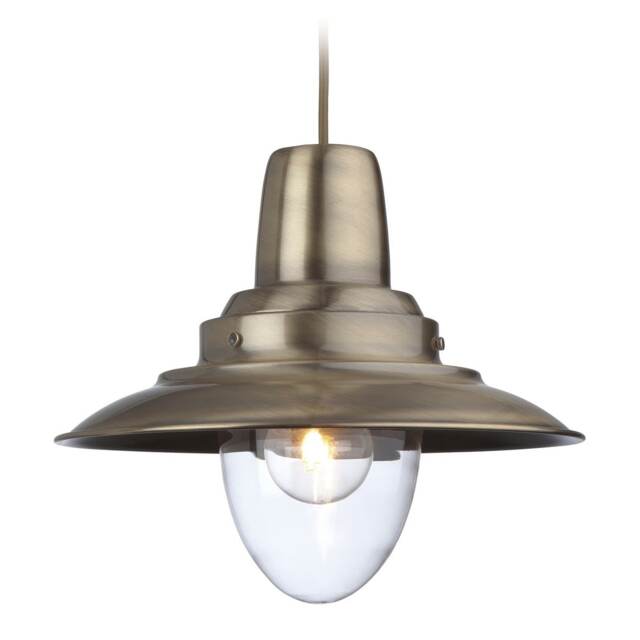 Fisherman 1 Light Dome Ceiling Pendant Antique Brass, Clear Glass, E27