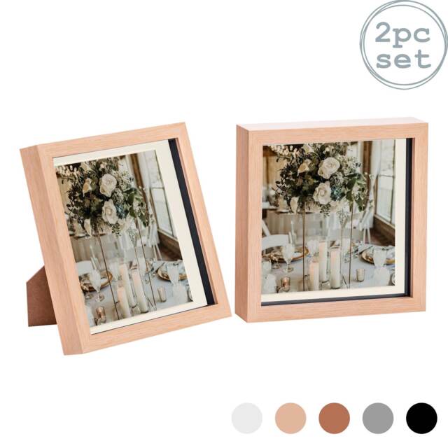 "Nicola Spring 8 x 8"" Photo Frames - Light Wood/Ivory Mount - 3D Picture Frame Box Portrait Display Case (22.5 x 22.5cm) Set of 2"