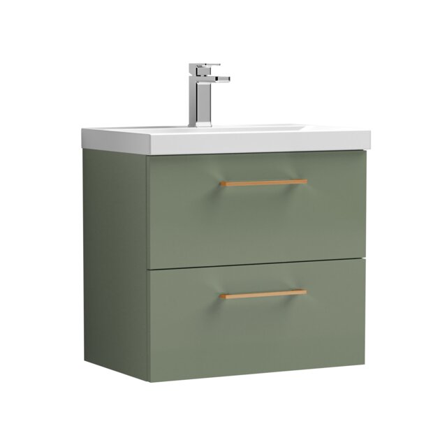 Balterley Wall Hung Bathroom 2 Drawer Vanity Unit and 1 Tap Hole Ceramic Basin, with Handles Green Satin Green