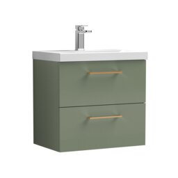 Balterley Wall Hung Bathroom 2 Drawer Vanity Unit and 1 Tap Hole Ceramic Basin, with Handles Green Satin Green