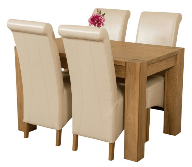 Kuba 125 x 80 cm Chunky Oak Small Dining Table and 4 Montana Leather Chairs Cream Cream