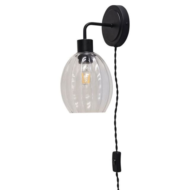 Toby - Black Plug in Wall Light with Birch Fluted Glass Shade