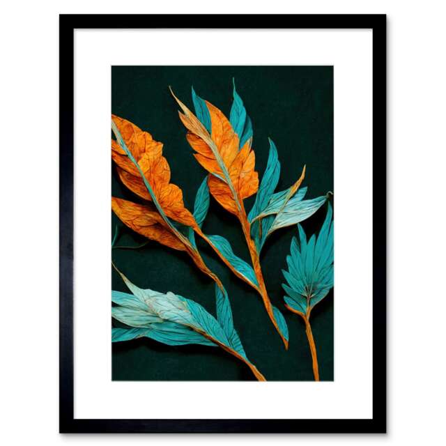"Striking Modern Bright Teal Orange Detailed Dried Leaves 9x7"" Black Framed Wall Art Print"