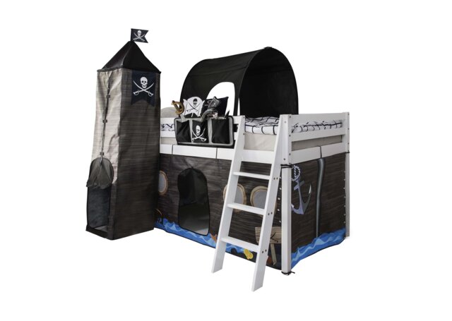 Moro Kids Cabin Bed Midsleeper with Pirate Hideaway Tent, Tower & Tunnel in White