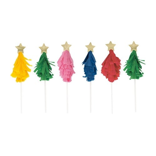 Vibrant Christmas Tree Shaped Cake Topper Decorations - Pack of 6