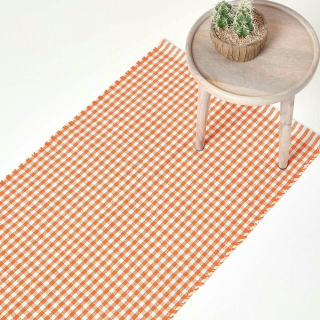 Homescapes Cotton Gingham Check Hall Runner Hand Woven Orange White - 66 x 200 cm Orange Orange