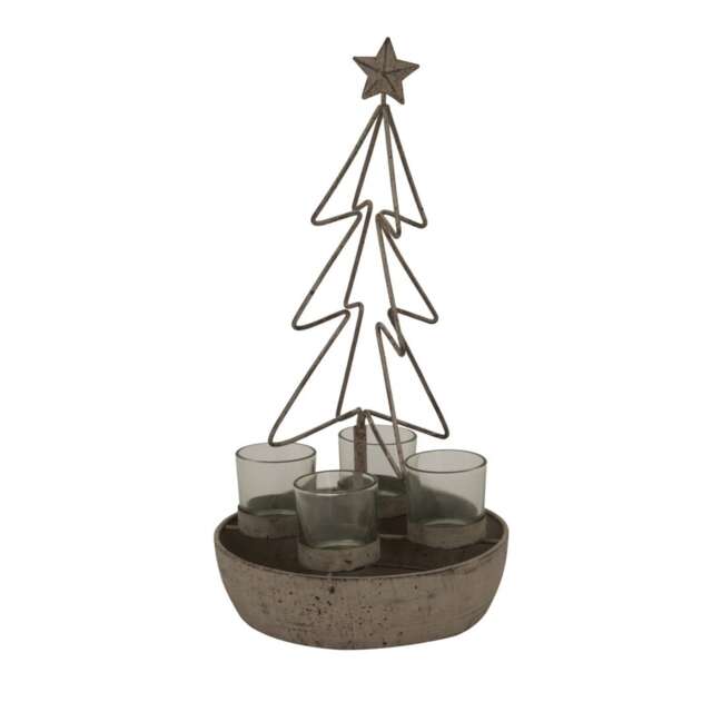 Rustic Outline Tree and Star with Four Glass Votives - Metal - L19 x W19 x H37 cm - Antique Bronze