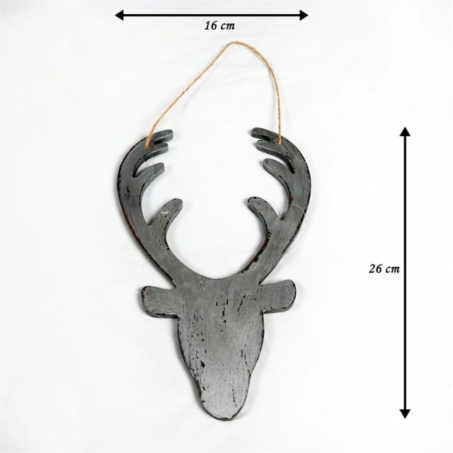 26cm Silver Christmas Wooden Hanging Deer Head Wall Decoration Xmas Home Office Holiday Decorative Centrepiece