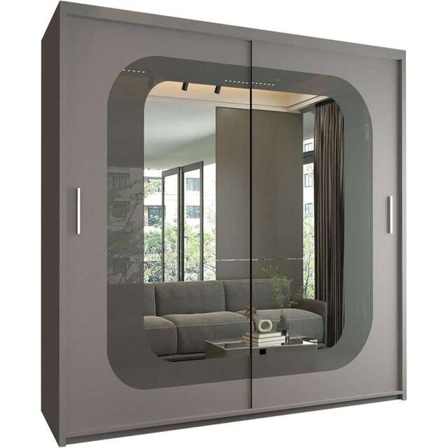 Modern Sliding Mirror Wardrobe with Strip Design & Adjustable Storage - 150/203cm Options
