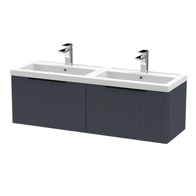 Balterley Fluted Front Wall Hung 2-Drawer Bathroom Vanity Unit with Double Basin, Handles Grey Soft Black
