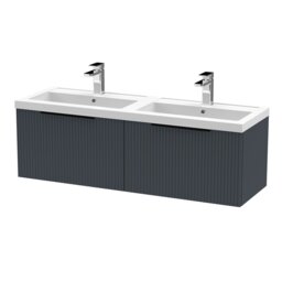 Balterley Fluted Front Wall Hung 2-Drawer Bathroom Vanity Unit with Double Basin, Handles Grey Soft Black