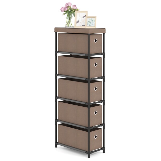 COSTWAY Narrow Dresser Slim Storage Tower with 5 Drawers Brown
