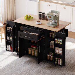 VILUXE Mobile Kitchen Island with Foldable Worktop, Hidden Cutlery Drawer, Large Drawer, Adjustable Shelves, Door Racks, Towel Rack, Spice Rack and 5 Wheels, Black and Natural Wood