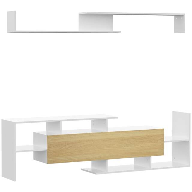 HOMCOM Modern TV Cabinet with Wall Shelf, TV Unit with Storage Shelf and Cabinet, for Wall-Mounted 65 TVs or Standing 40 TVs, White and Natural White White and Natural