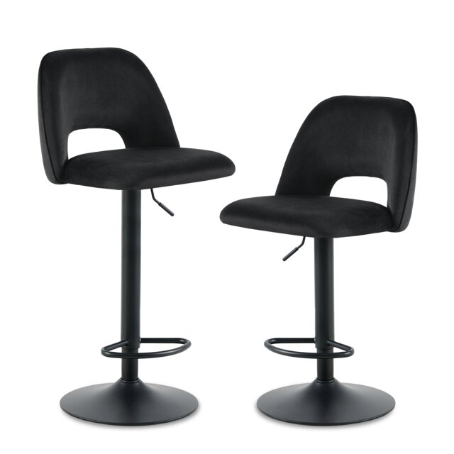 SONARA Set of 2 Adjustable Velvet Upholstered Breakfast Bar Stools Black