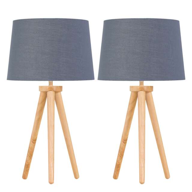 Set of 2 Light Oak Table Lamp or Bedside Lights with Grey Gold Shades Brown Grey Large 2