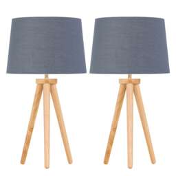 Set of 2 Light Oak Table Lamp or Bedside Lights with Grey Gold Shades Brown Grey Large 2